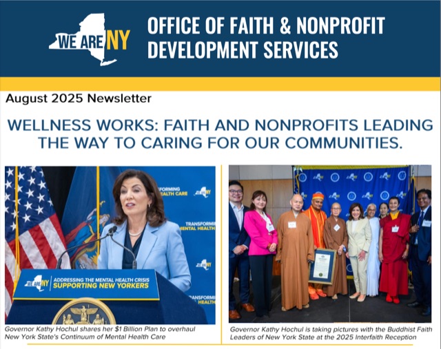 New York State Office of Faith and Nonprofit Development Services, August 2025 newsletter featuring WBA